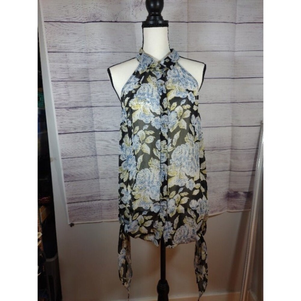 umgee Sleeveless Long Side-Tie Collared Floral Print Top, Size M